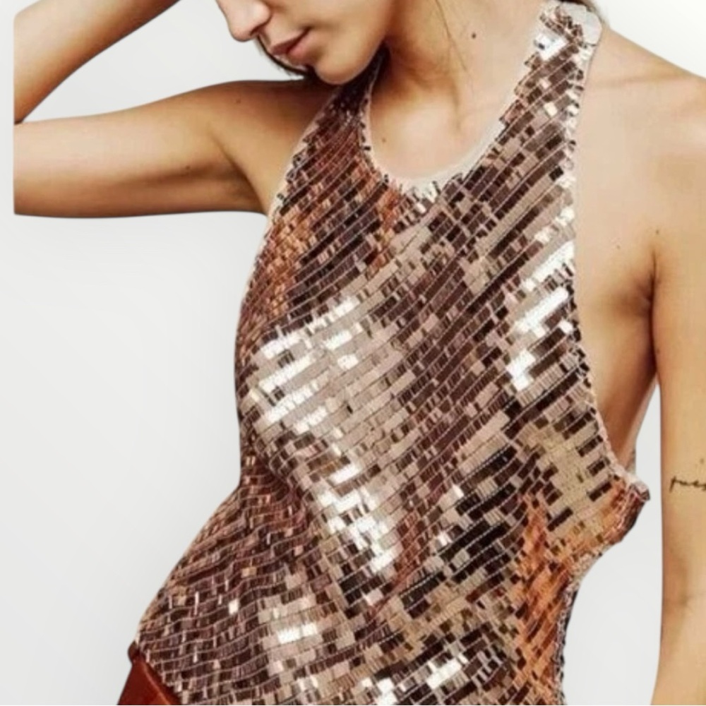 Free People Disco Fever Sequin Halter Top | Rose Gold Back‑Tie Tank | Size Small